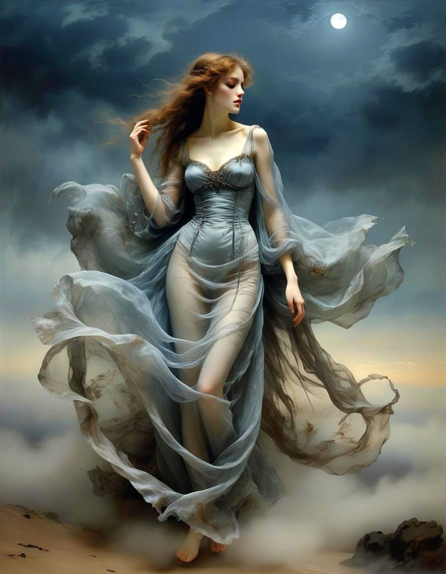 Ethereal Banshee in Foggy Moonlit Dreamscape