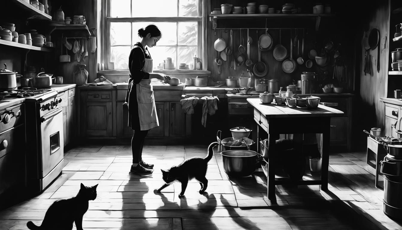 Charcoal Drawing of Woman Cooking with Cat in Kitchen