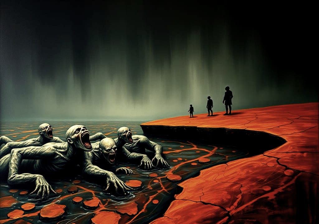 Surreal Oil Painting of Dark, Twisted World with Humanoid Cr...