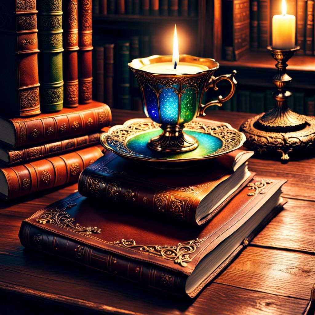 Candle-lit Library with Teacup and Ancient Journal