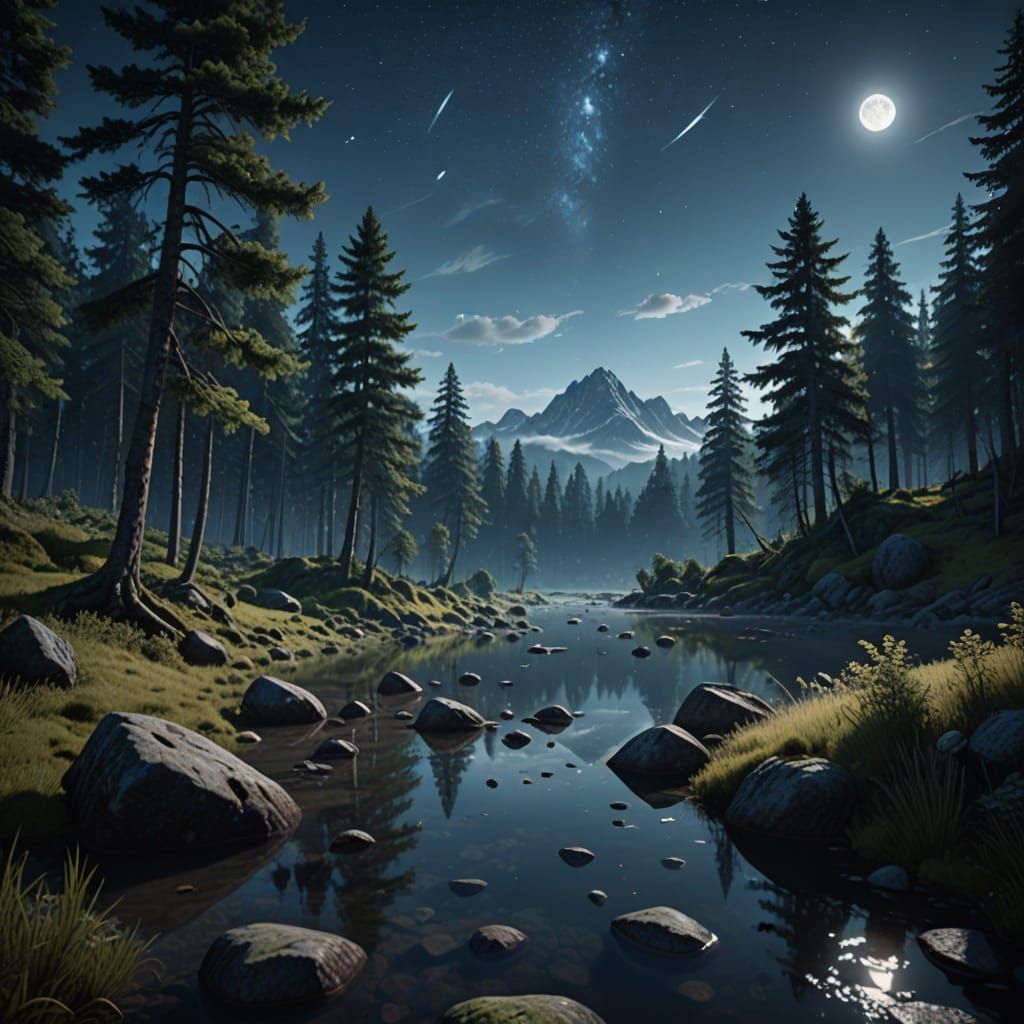 Mystical Night Scene in Untouched Nature: 3D Render