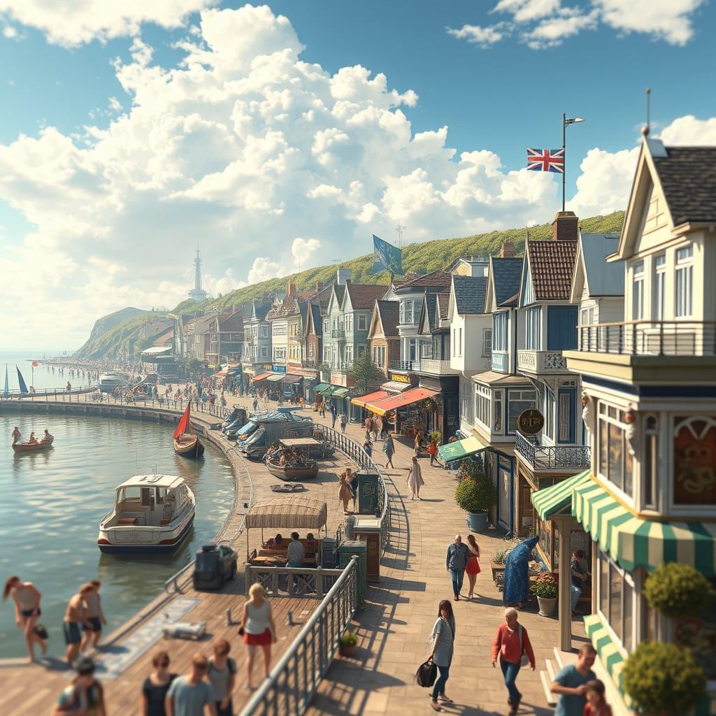 British Seaside Town in Vibrant Anime Style
