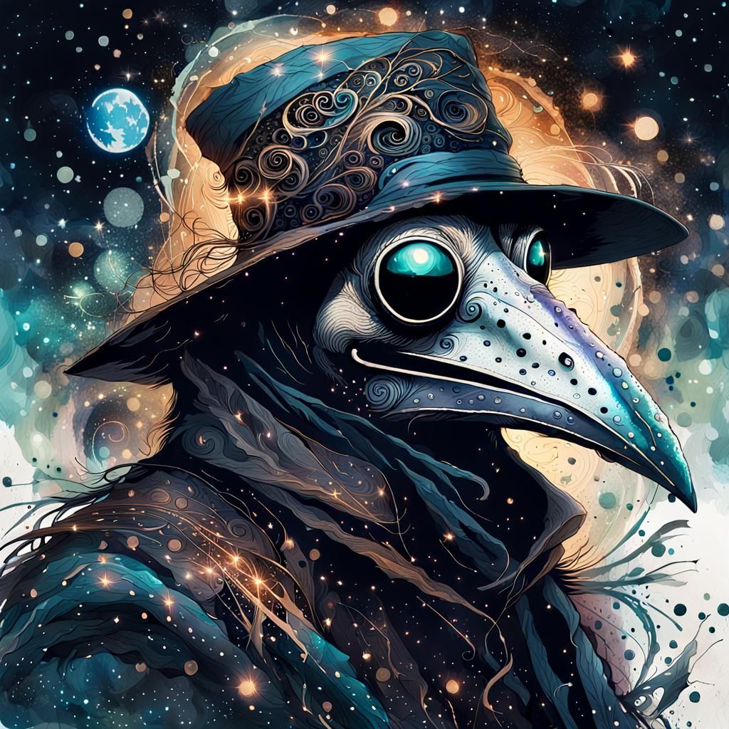 Plague Doctor Portrait in Glowing Night Sky