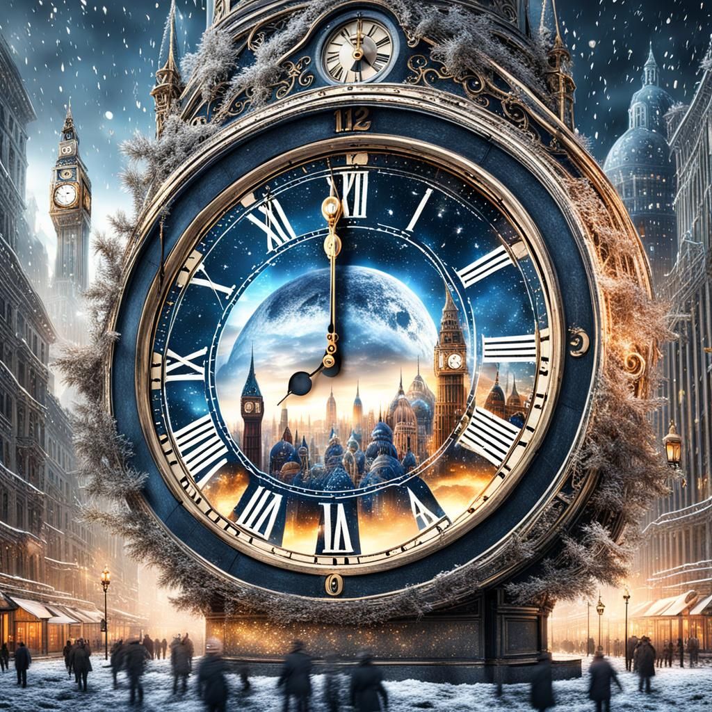 Festive City Countdown to Midnight in Surreal Style
