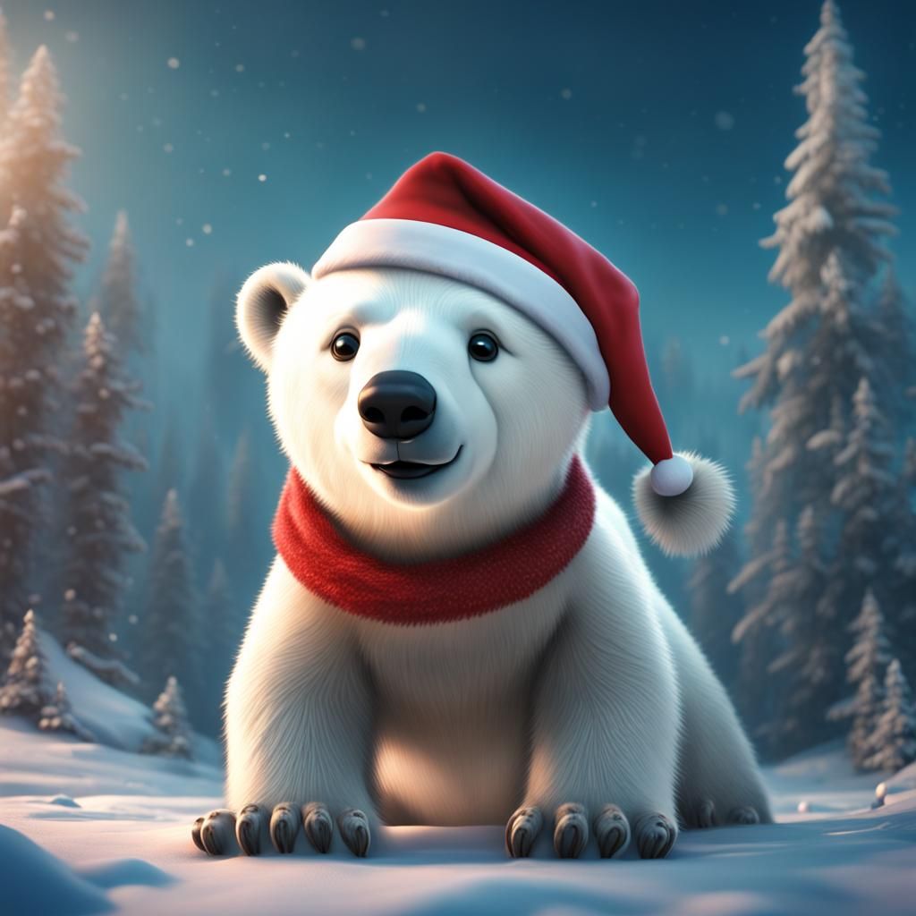 Cute Polar Bear in Santa Hat: Fantasy Concept Art