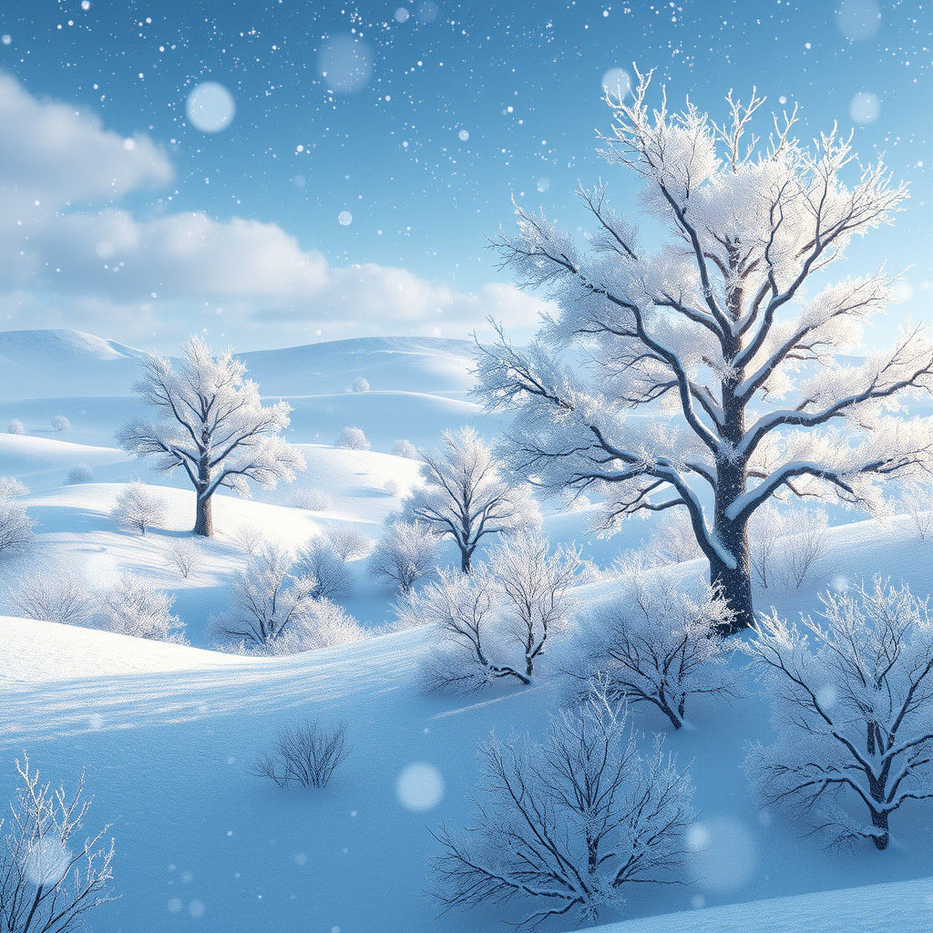 Serene Winter Landscape with Falling Snowflakes in Anime Sty...