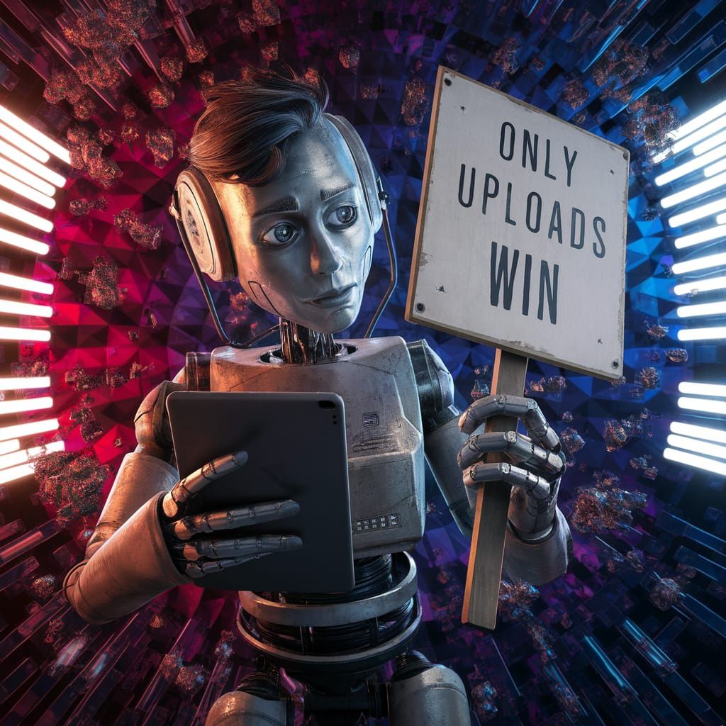 Melancholic Robot Artist with Sign, Splash Art