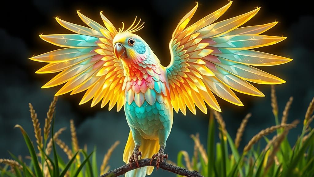 Chibi Parakeet with Fractal Wings in Stained Glass Style