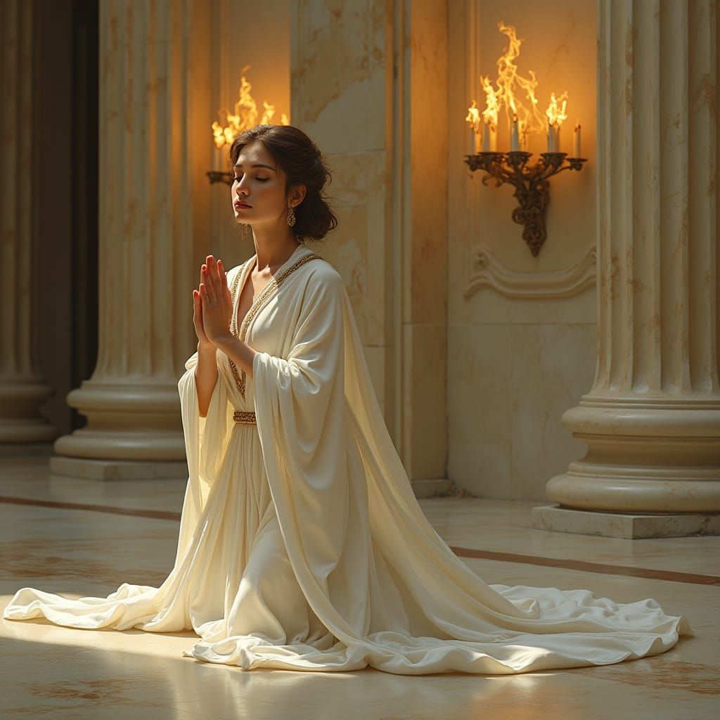 Elegant Priestess in Golden Light Within Greek Temple