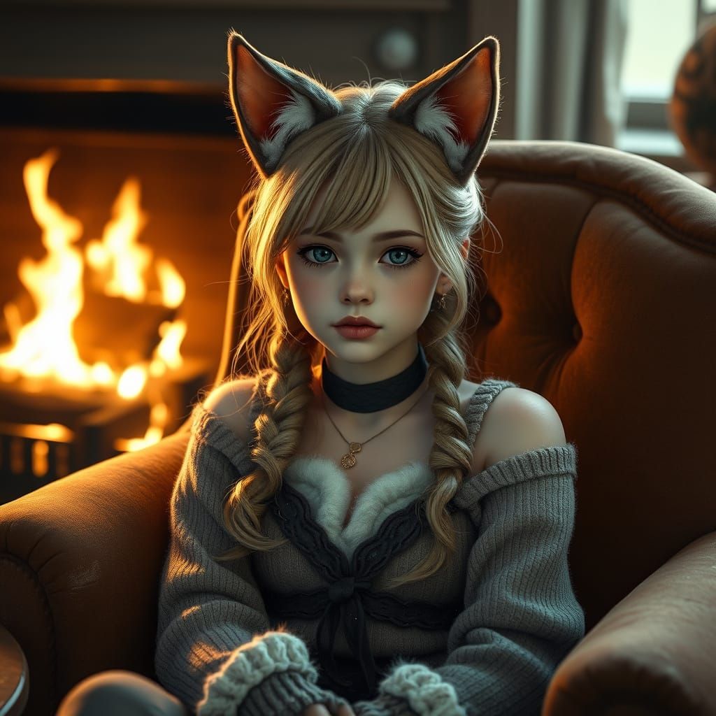 Whimsical Fantasy Girl Surrounded by Warmth and Cozy Ambianc...