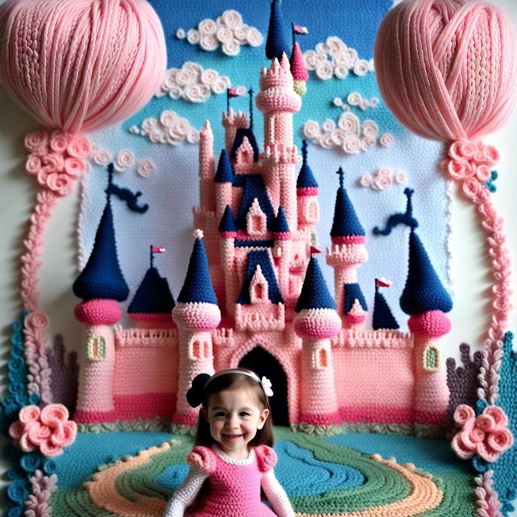 Crocheted Princess in Front of Yarn Castle