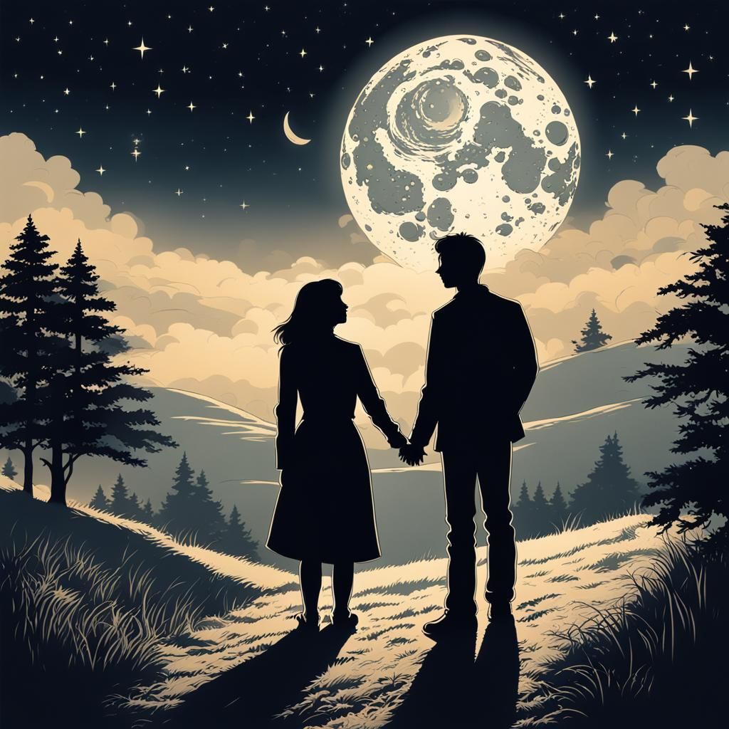 Silhouetted Couple Gazing at Moonlit Sky