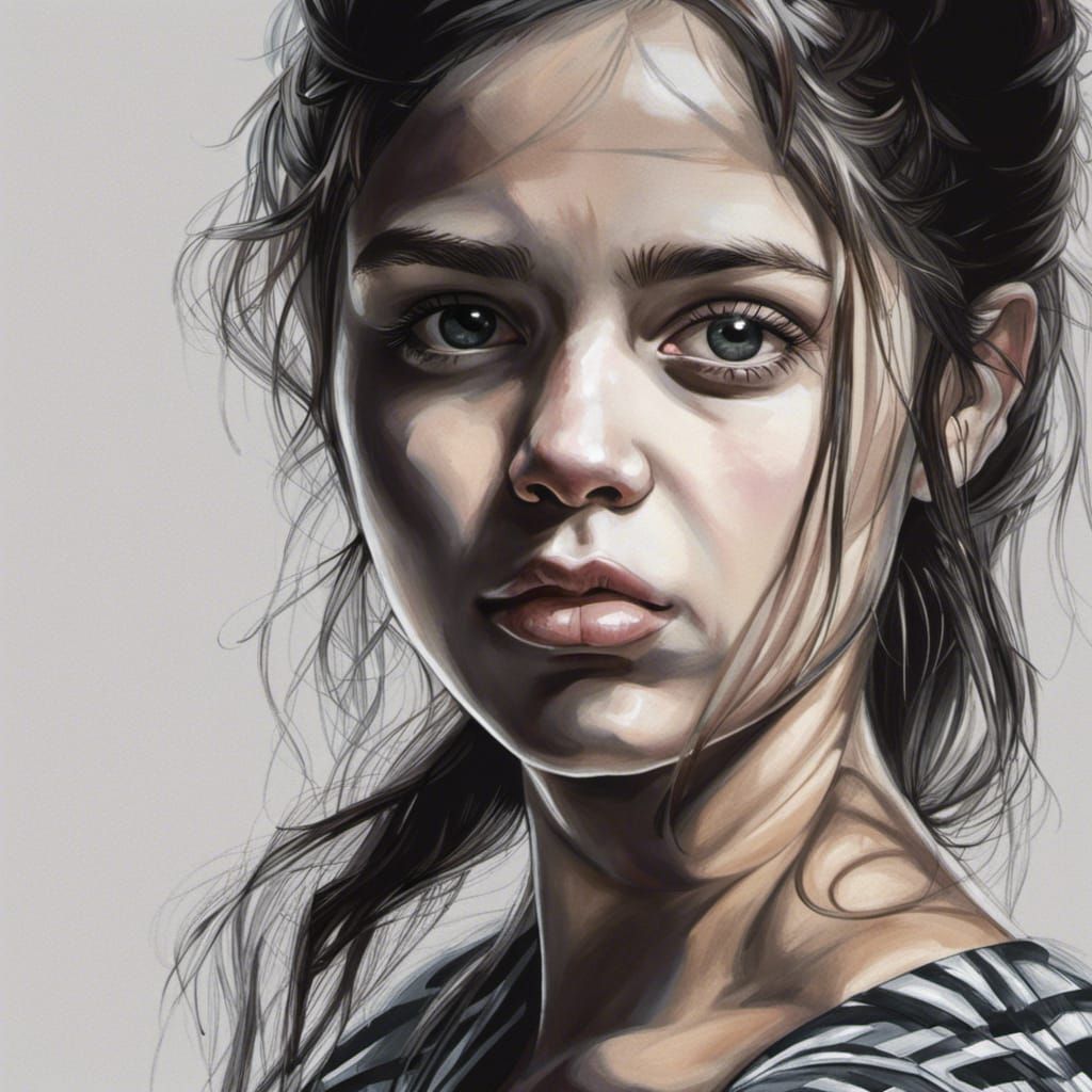 Hyperrealistic Girl with Color Stripe in Monochrome