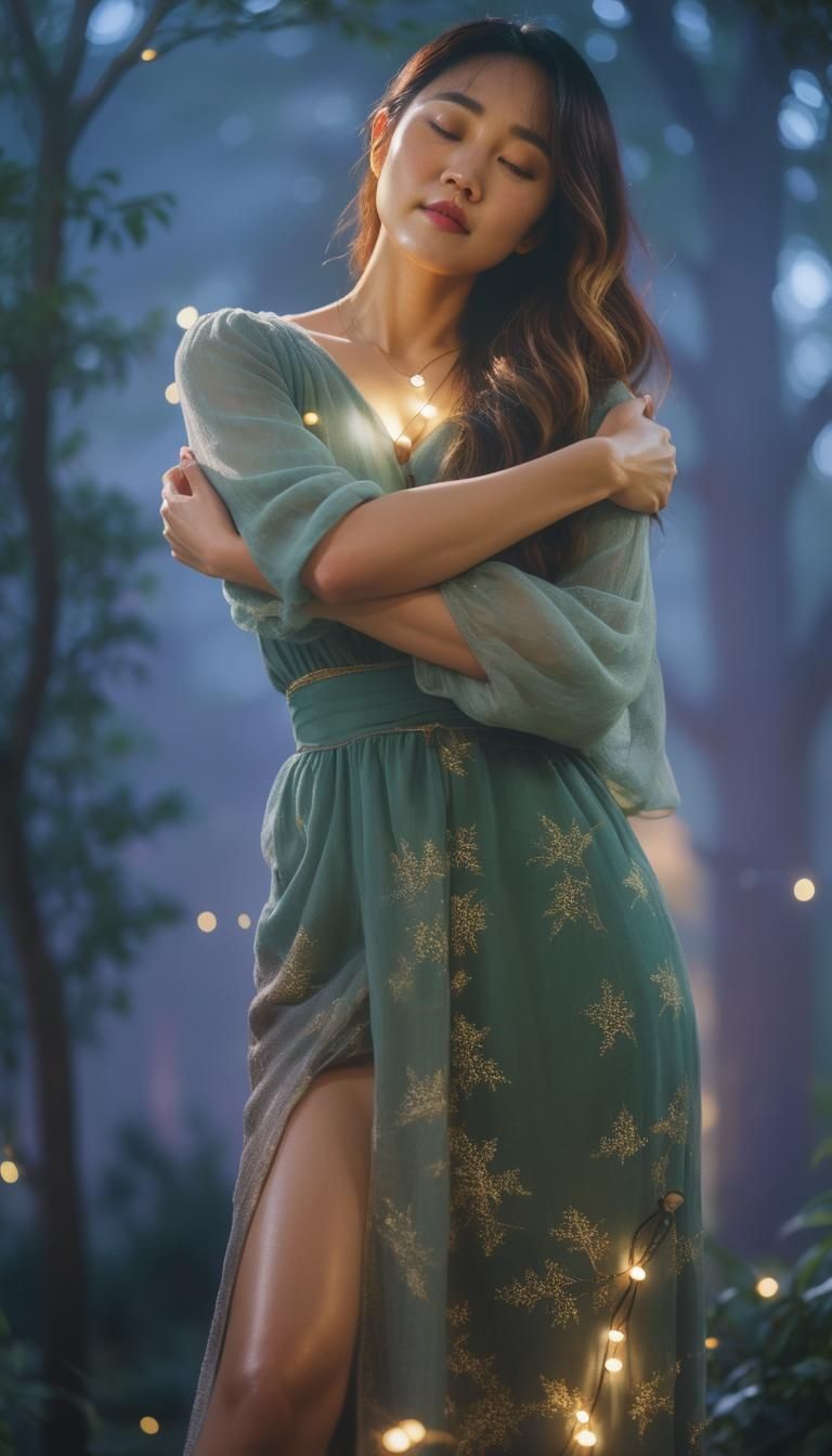 Asian woman embracing herself