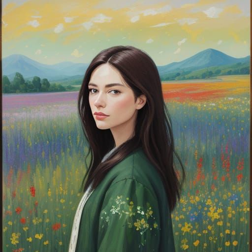 Beautiful Girl in Wildflower Field, Gouache Impressionist St...