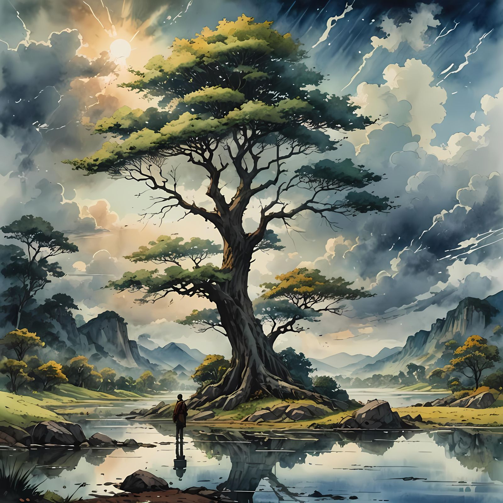 Peaceful Tree Landscape in Manga Watercolor Style