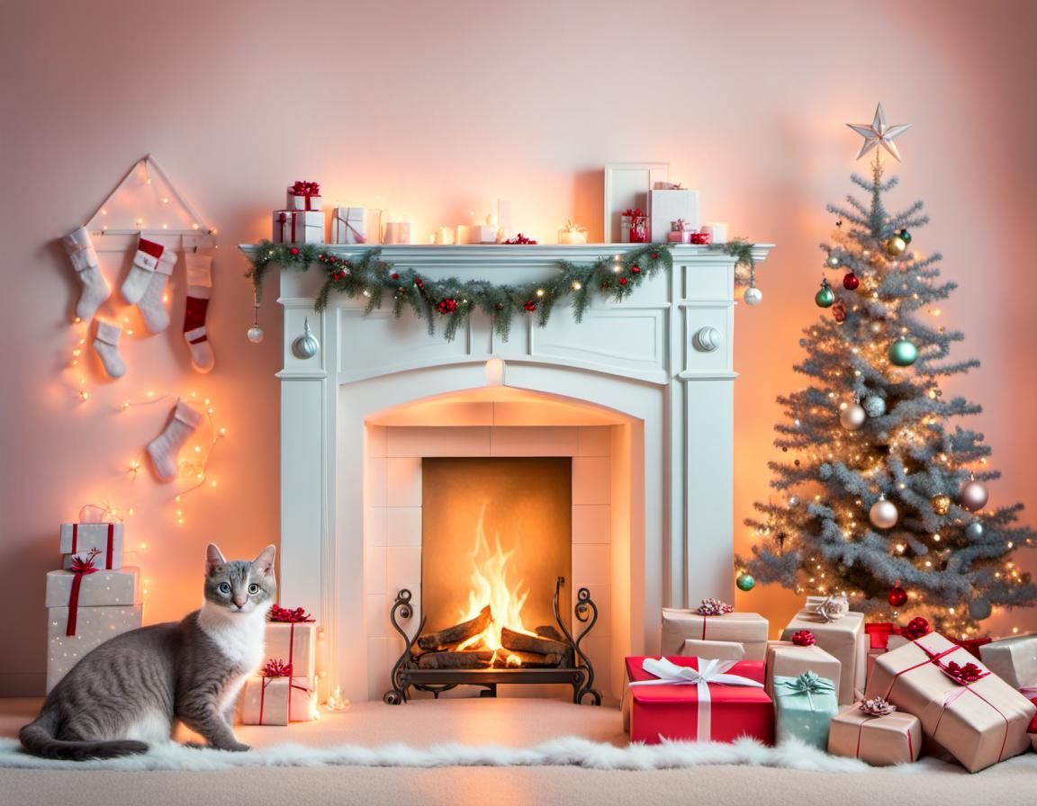 Cozy Christmas Fireplace with Kitten in Surreal Style