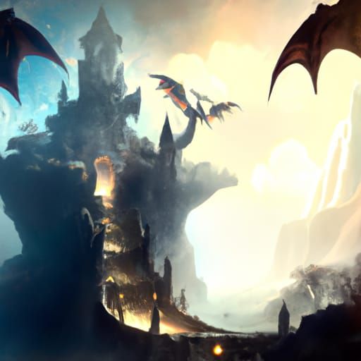Demon Castle with Dragon, Dark Fantasy Concept Art