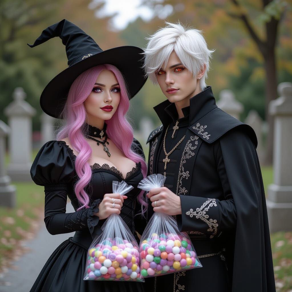 Gothic Couple Holding Candy in Cute Cemetery