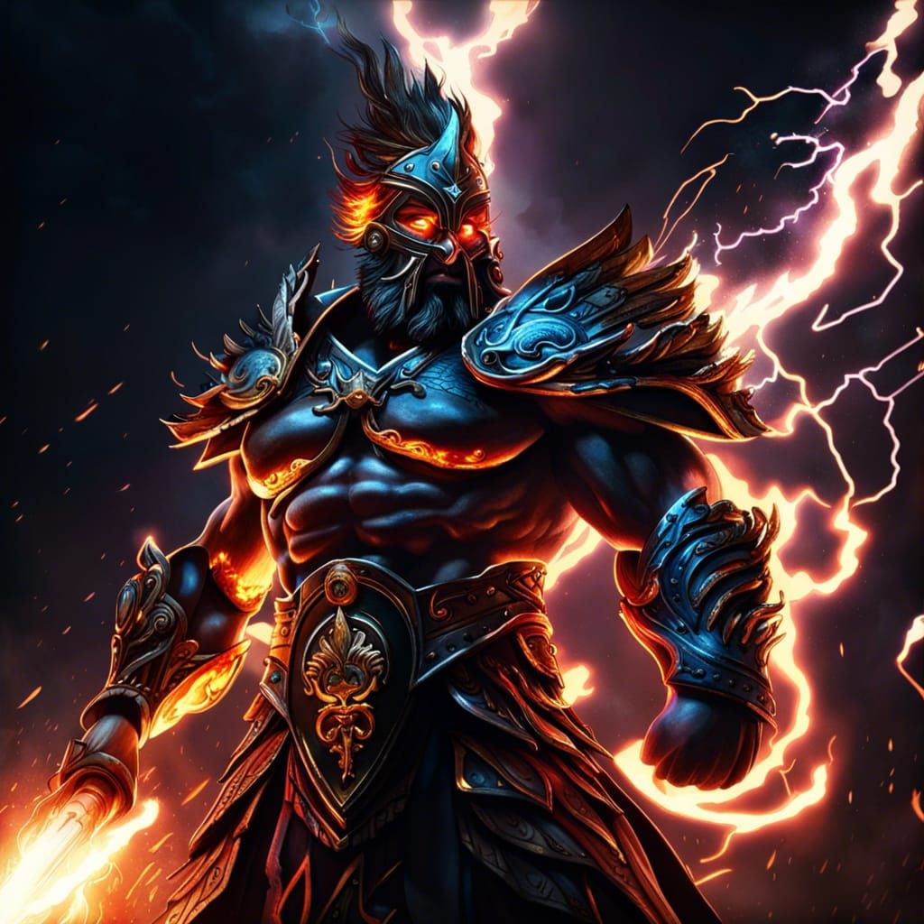 Zeus as Spartan Warrior with Flaming Sword