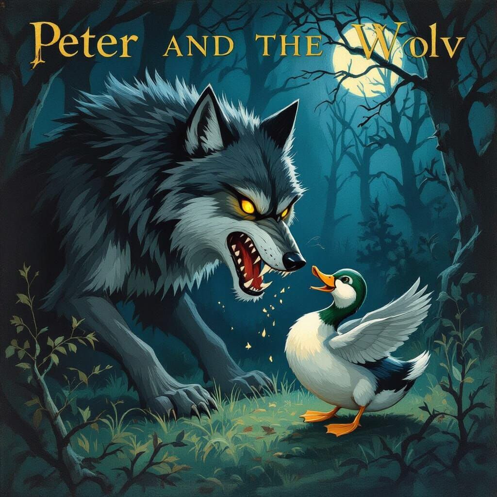 Menacing Wolf Captures Duck in Dark Forest Scene