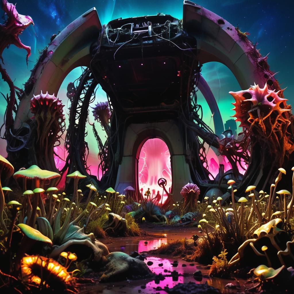 Apocalyptic Gateway Arch with Alien Flora, Hyperrealistic