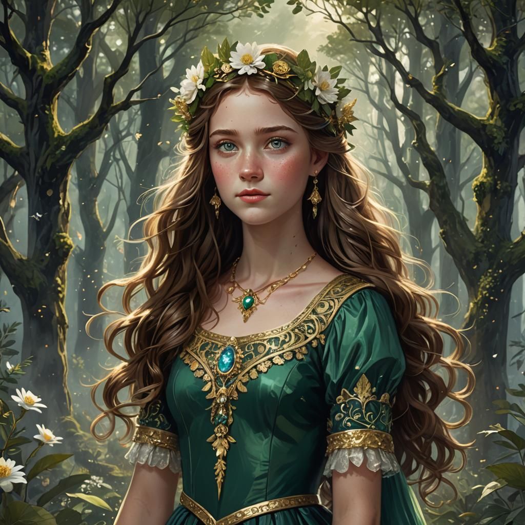Teenage Girl in Forest Green Dress and Flower Crown