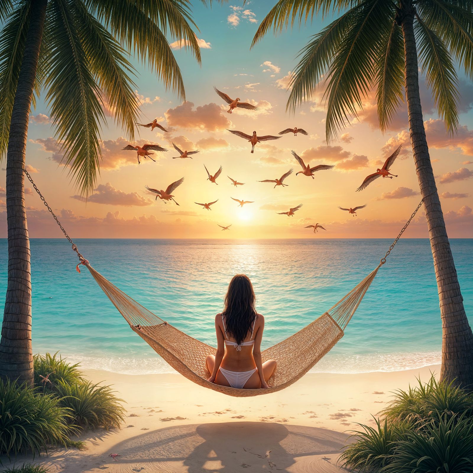 Tropical Sunset Beach with Woman in Hammock