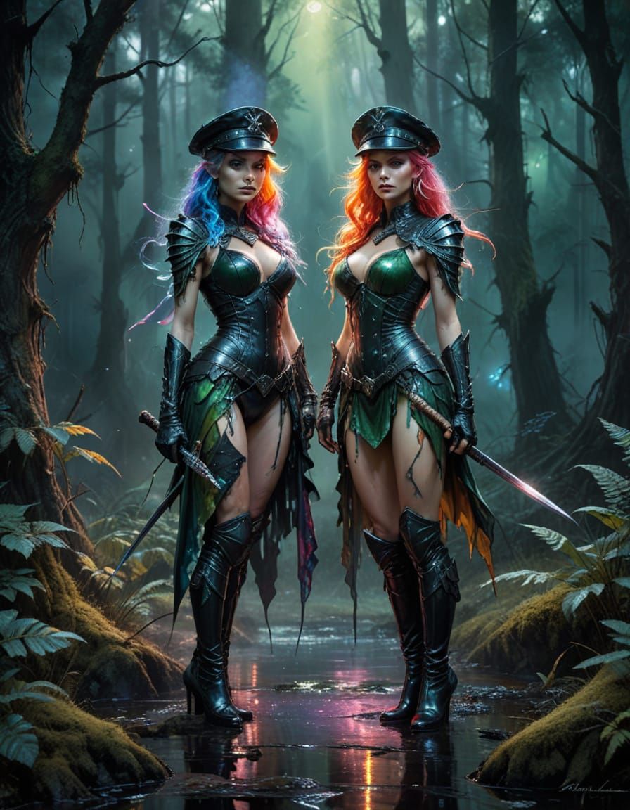 Surreal Watercolour Elves in Dark Green Cosmic Fog