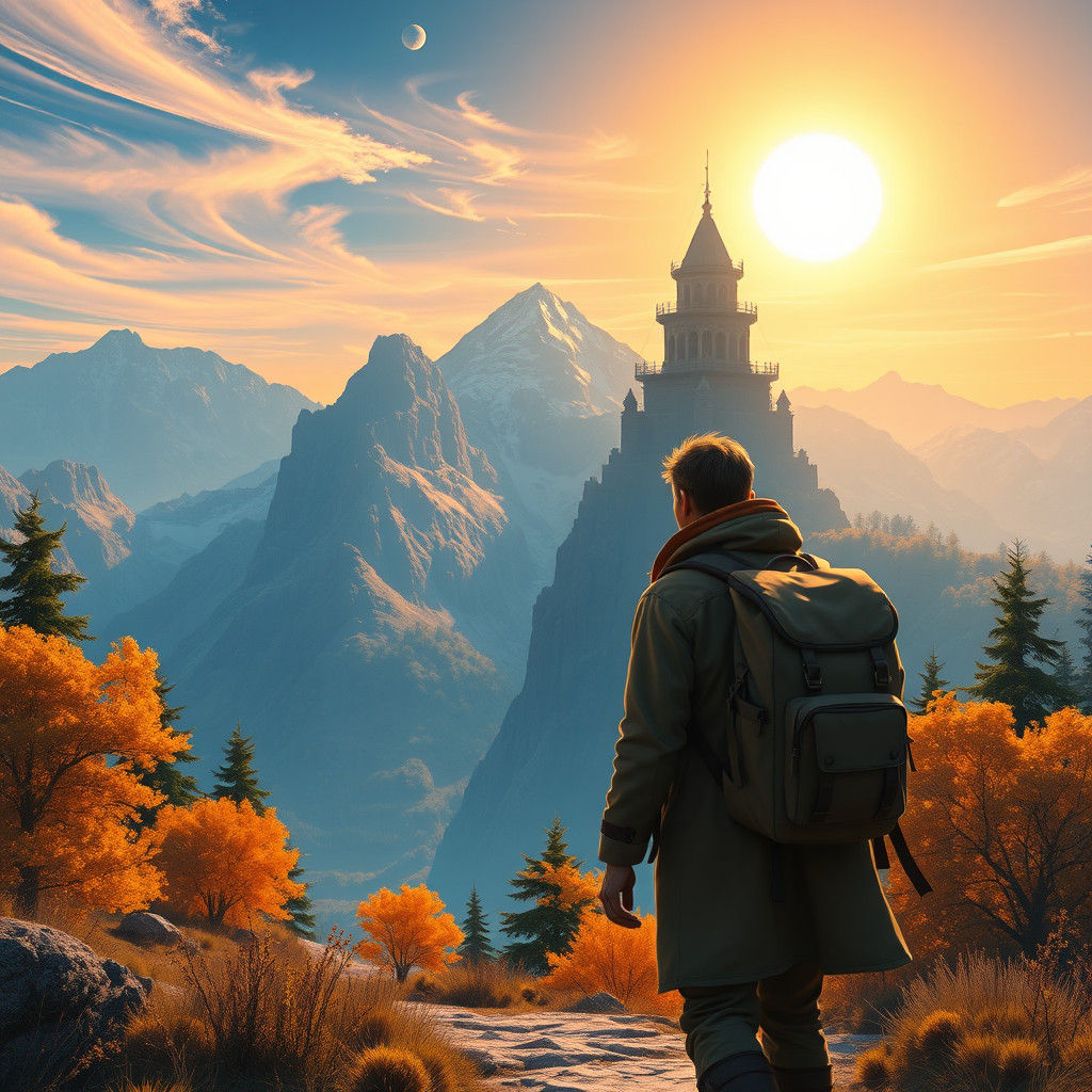 Traveler Approaches Tower in Lush Landscape