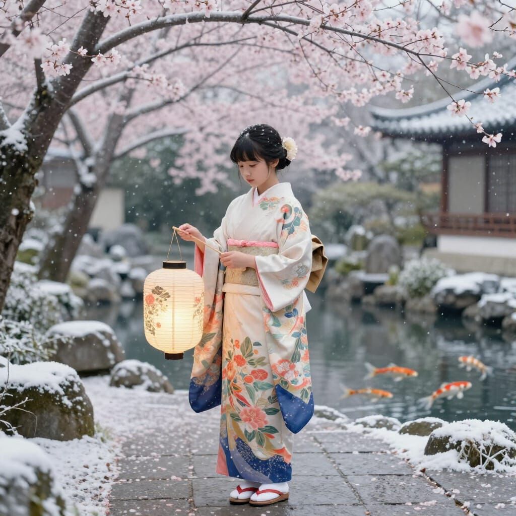 Girl in Art Nouveau Kimono on Cherry Blossom Path