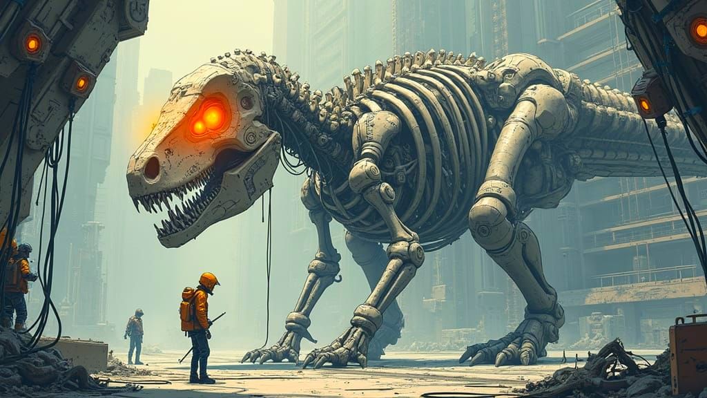Cybernetic Dinosaur Reborn in Futuristic Comic Book Art