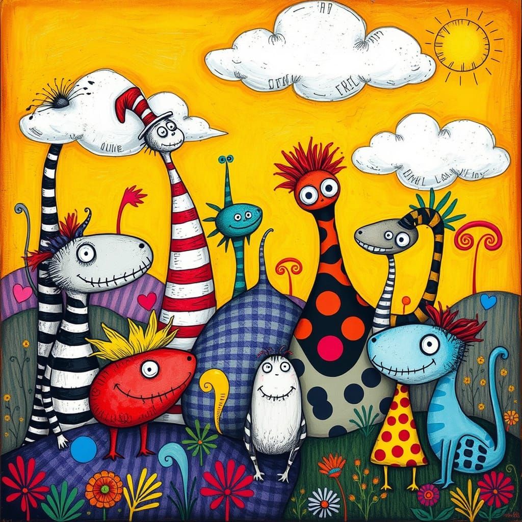 Whimsical Creatures in a Vibrant, Dreamlike Landscape