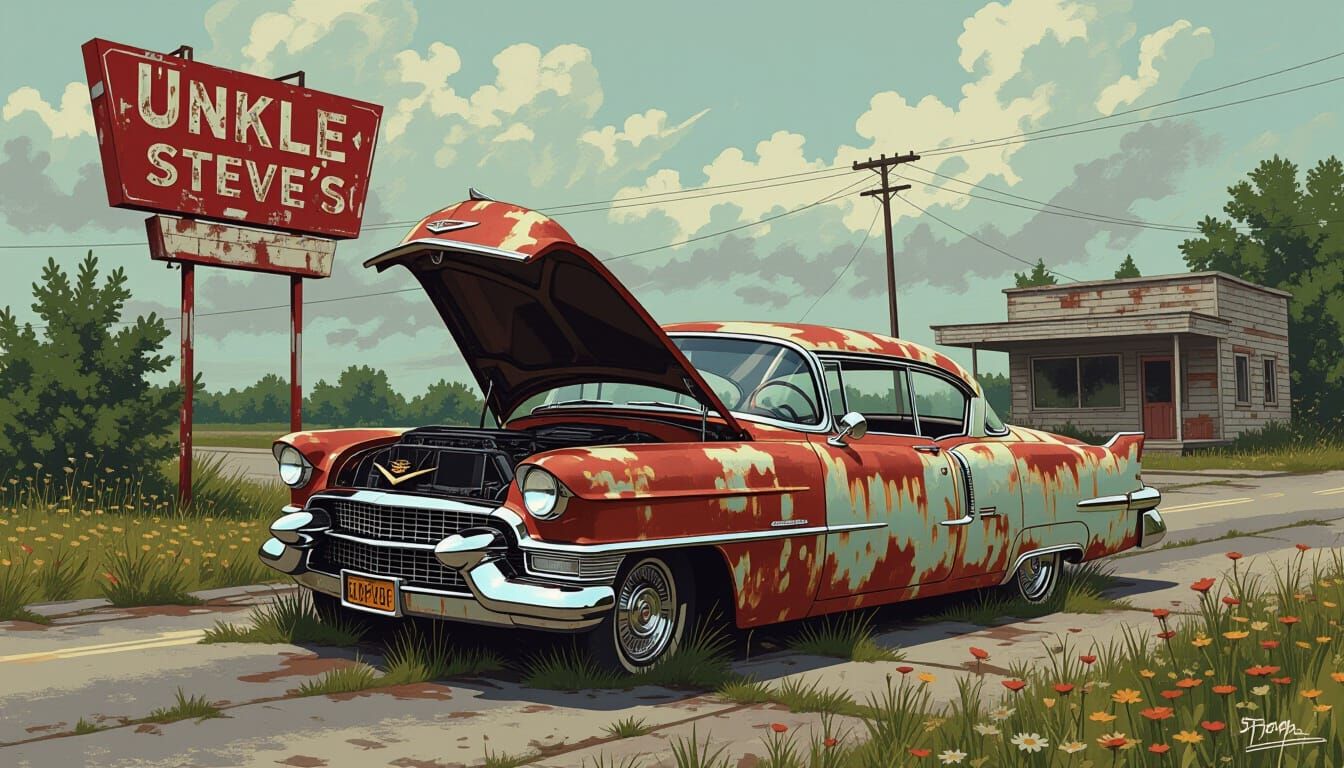 Rusted 1950s Cadillac Abandoned at Dusty Roadside Diner