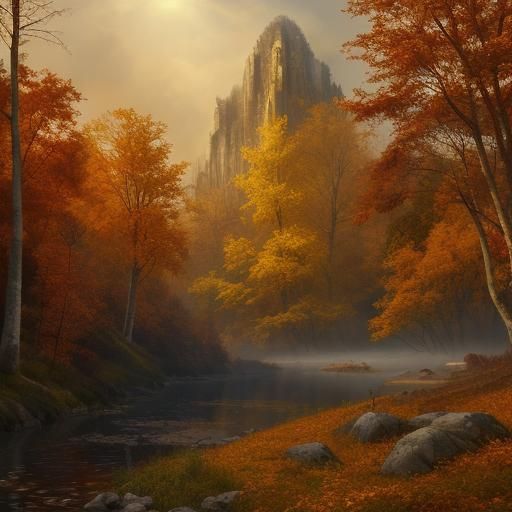 Colossal Mythic Figures in Autumnal Fantasy Landscape