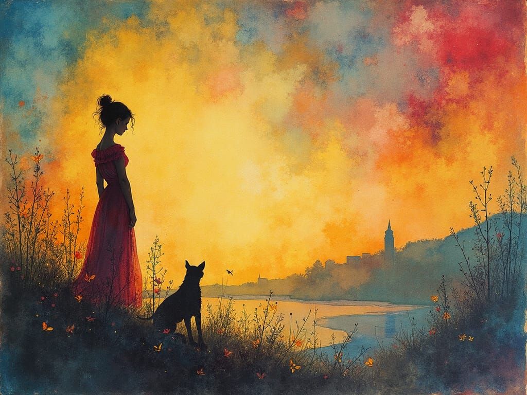 Surreal Fantasy Silhouette in Vibrant Watercolor