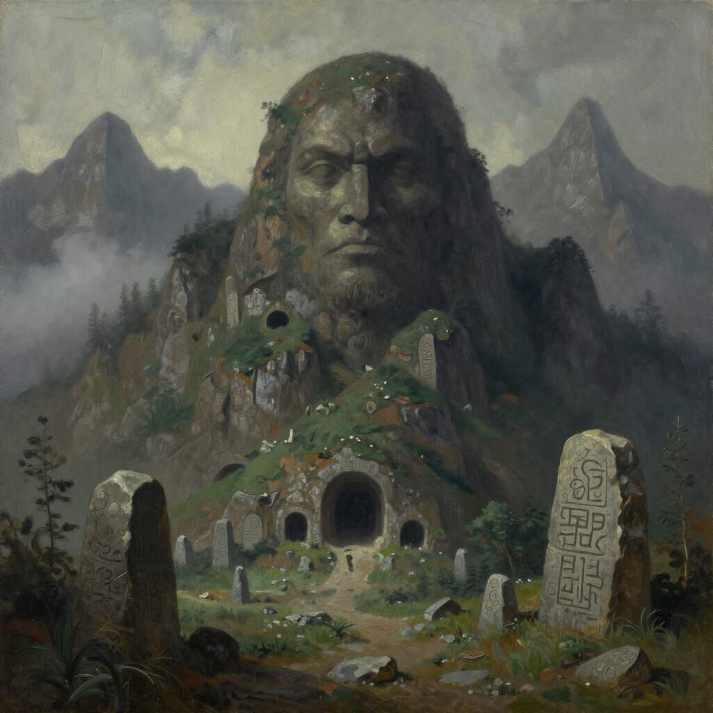 Gigantic Mountain Guardian in Atmospheric Oil Painting