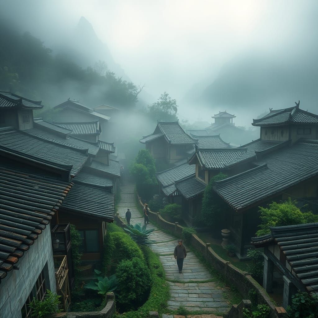 Misty Chinese Village in Hyperrealistic Style