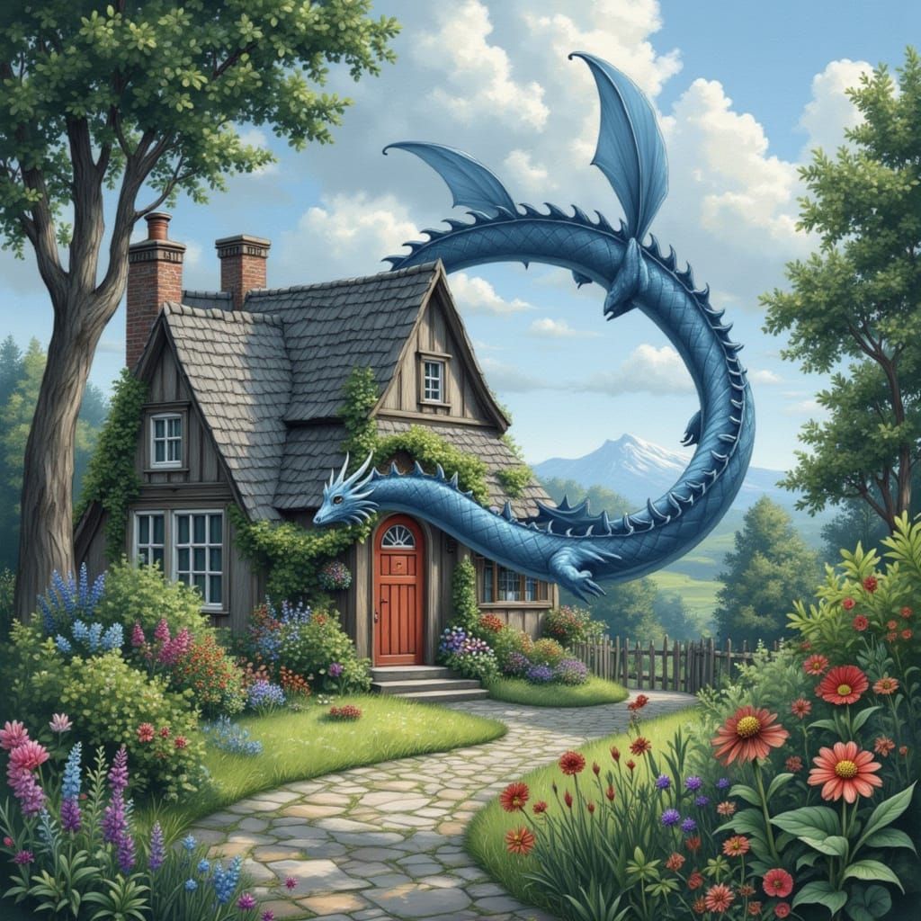 Blue Dragon Soars Above Flower-Adorned Cottage
