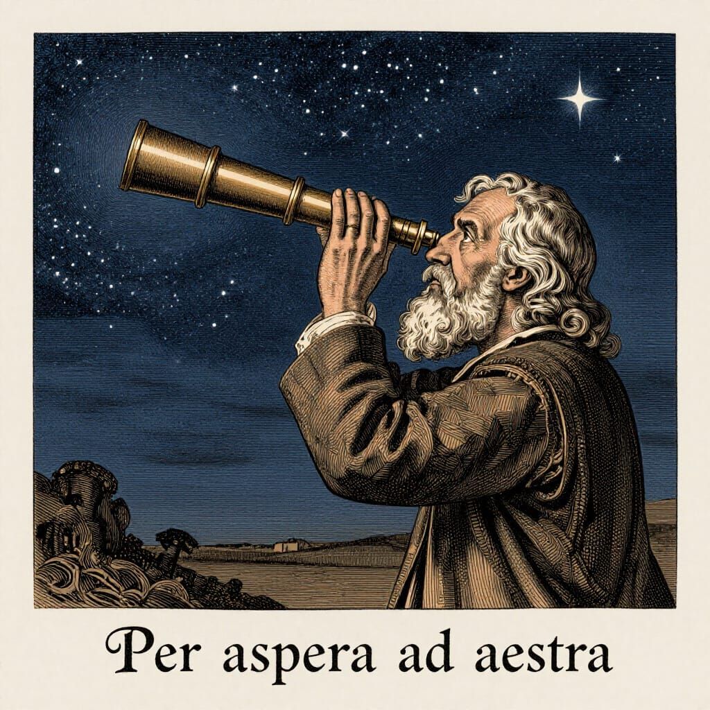 Ancient Scientist Gazes at Stars in Vintage Ex-Libris Etchin...