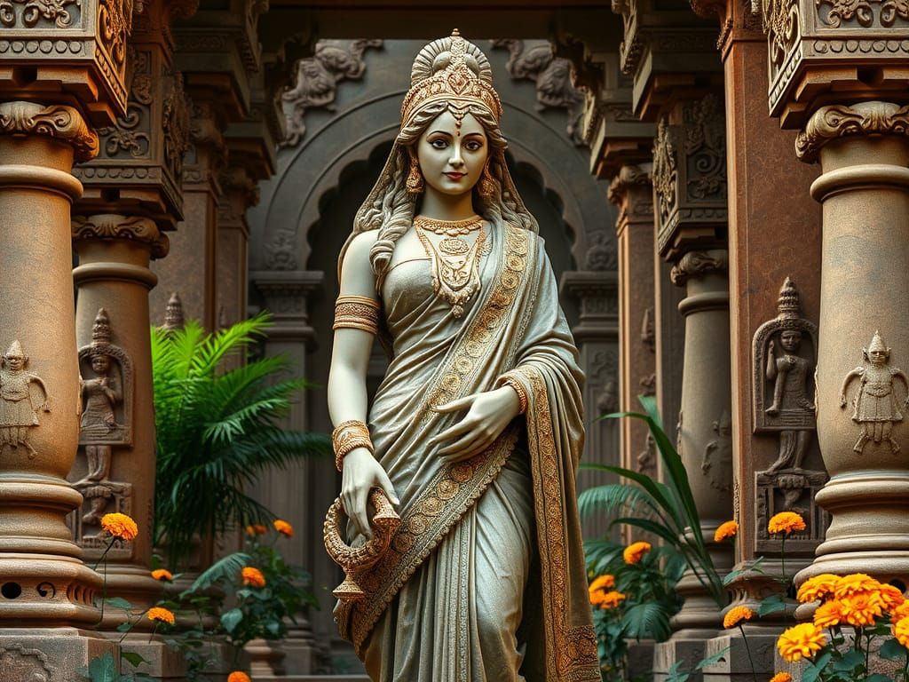 Ancient Indian Goddess Statue in Temple Setting