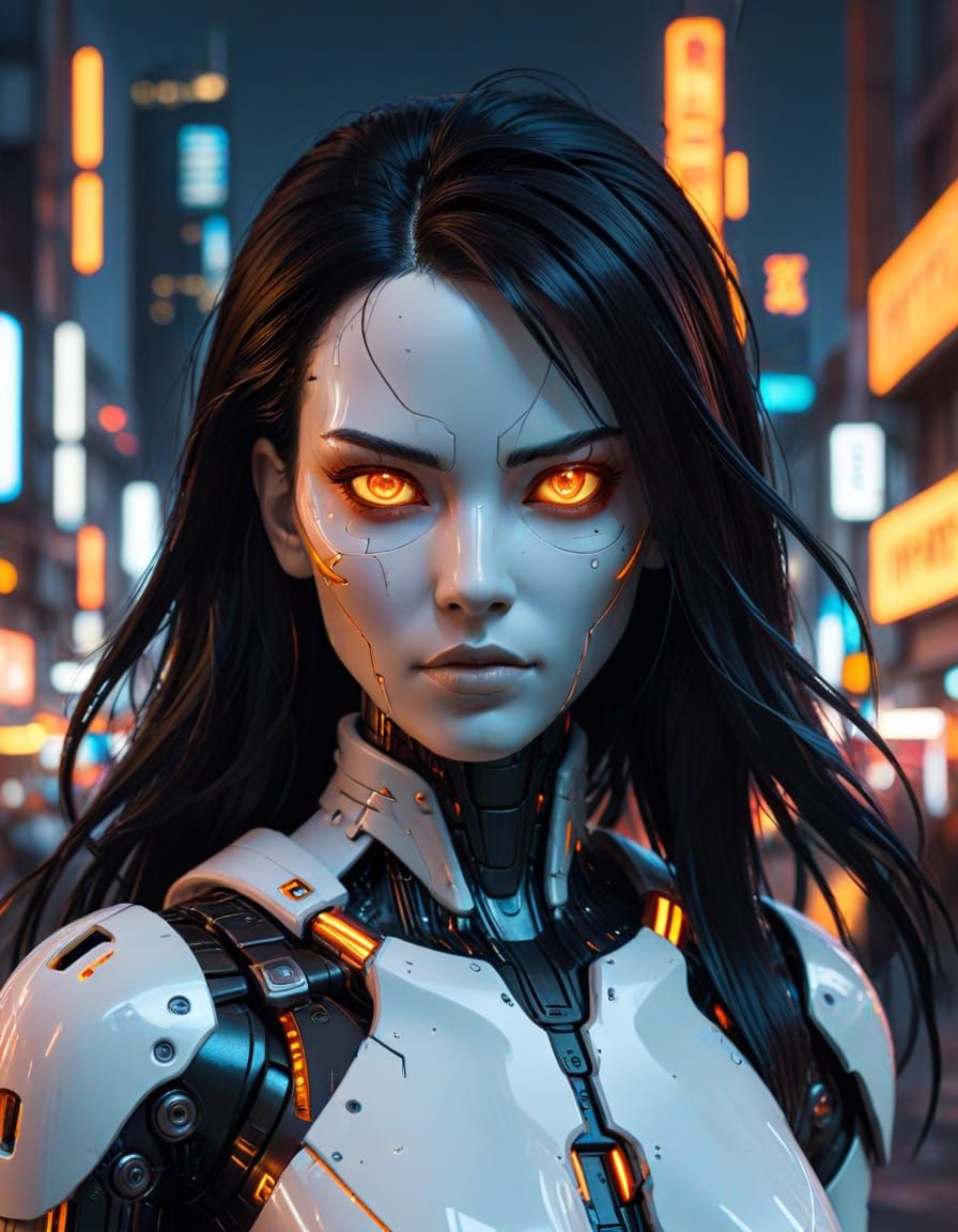 Female Cyborg Android in Cyberpunk Cityscape