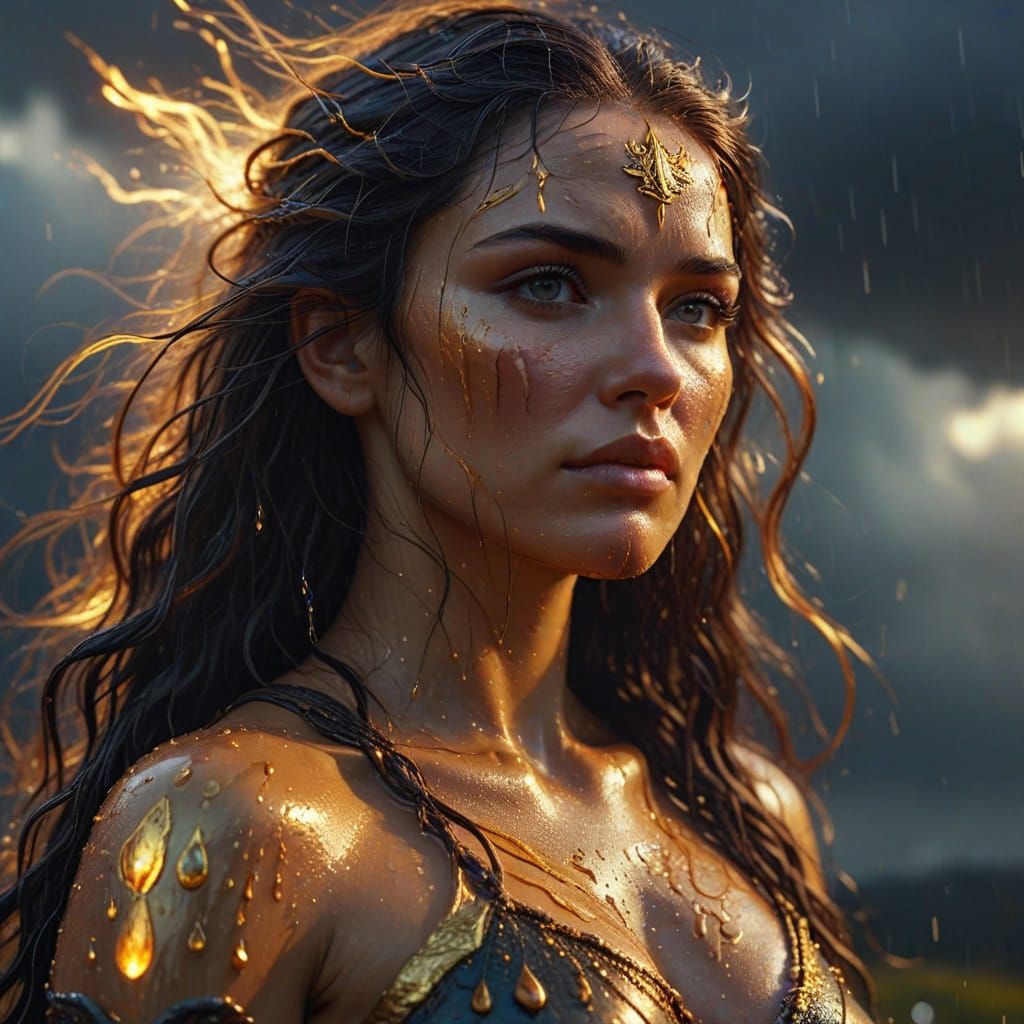 Goddess of Rain in Stormy Landscape: Oil Painting