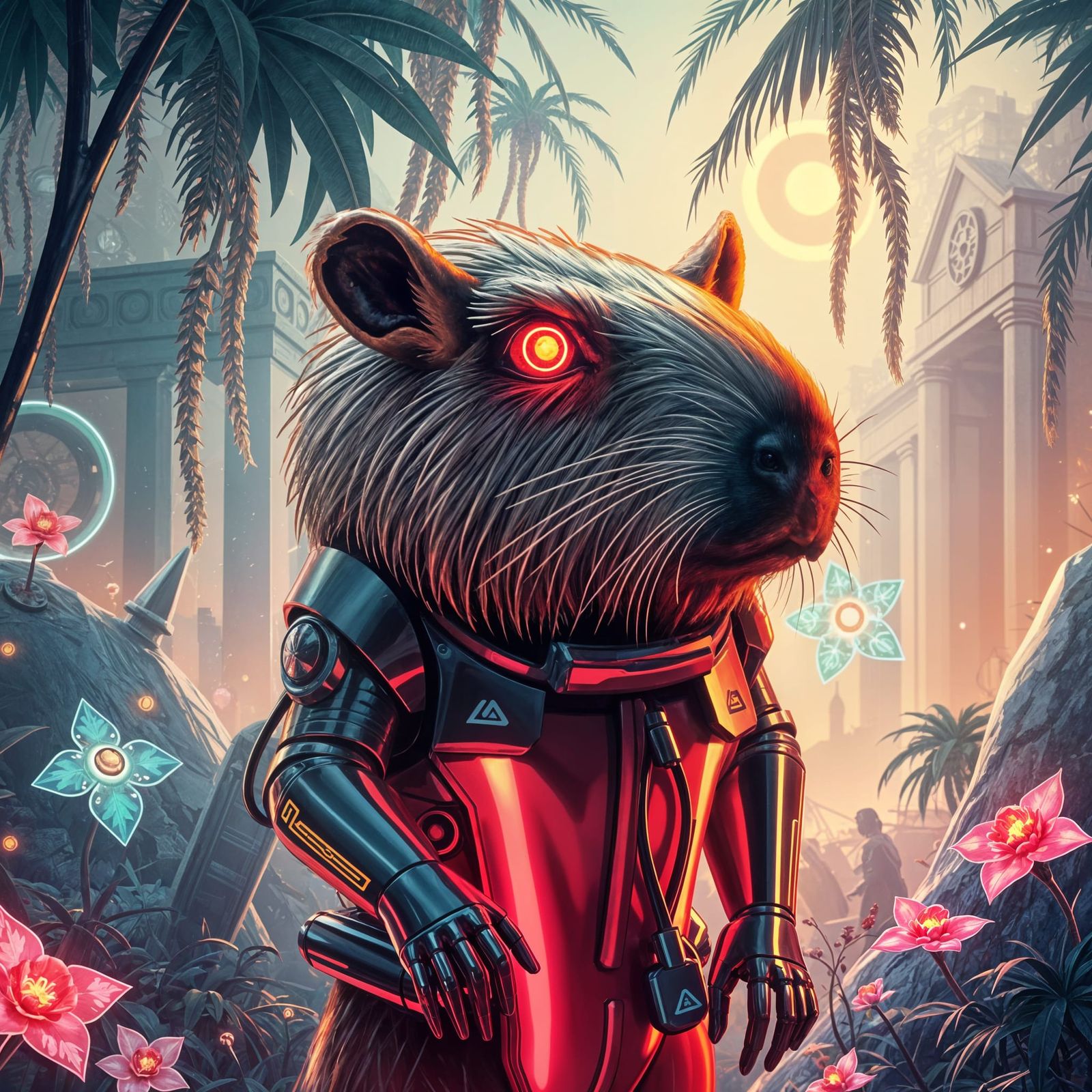 Majestic Cyber Capybara in Digital Jungle
