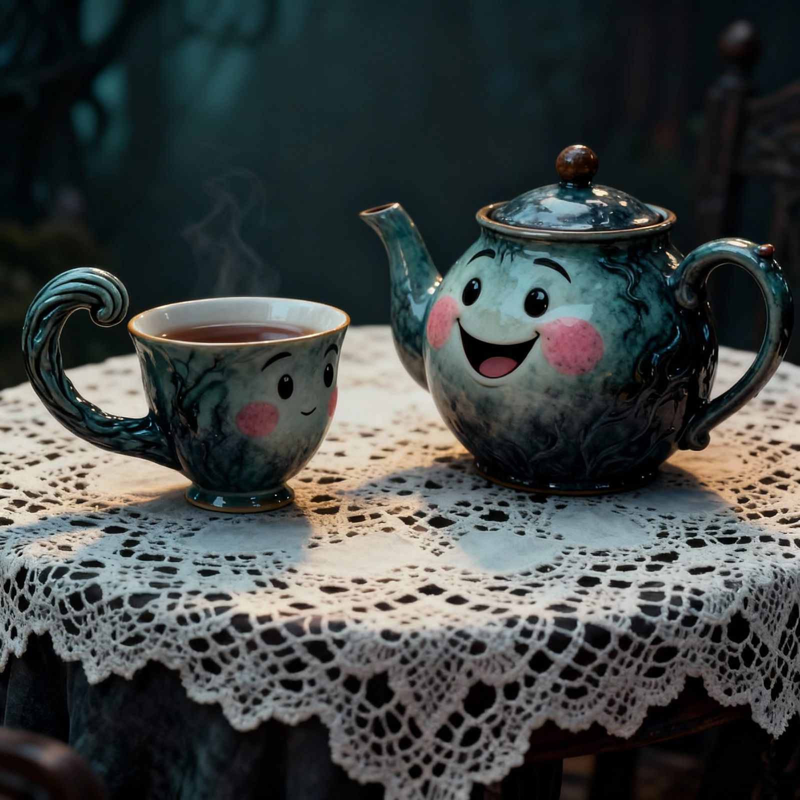Smiling Teapot and Teacup Chatting on Lace Tablecloth