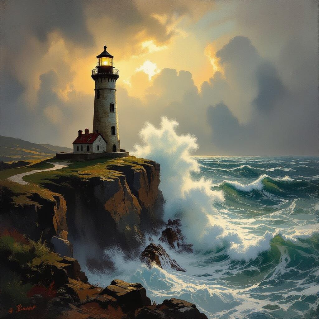 Impossibly Tall Lighthouse in Stormy Seas, Painterly Style