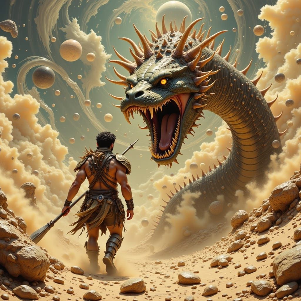 spear against the charge of a massive snake