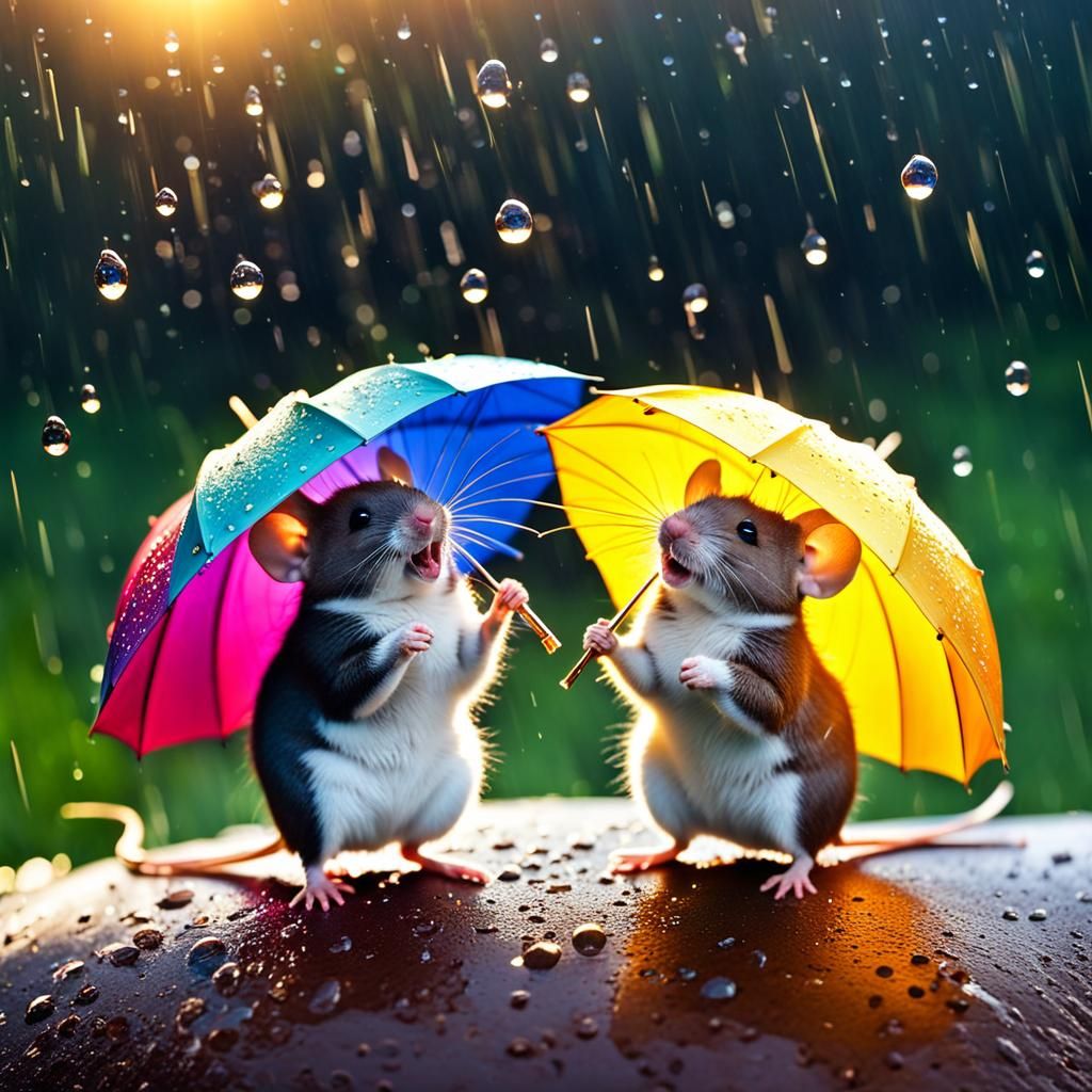 Laughing Mice with Umbrellas in Rainy Watercolor