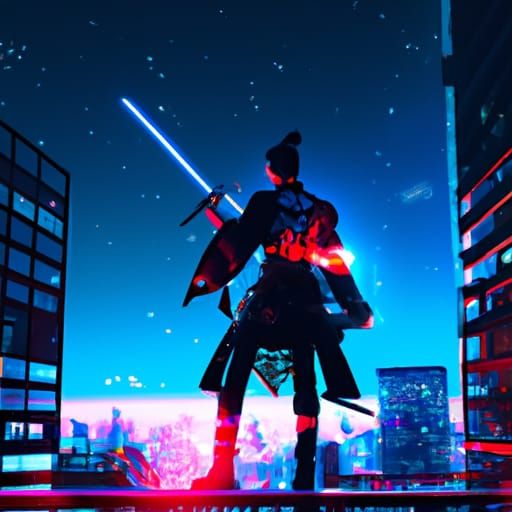 Cyberpunk Samurai with Energy Katana at Night