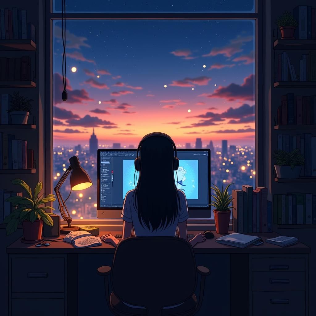 Anime Girl Working at Desk in Evening Light